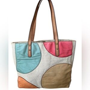 Fossil Canvas Leather Patchwork Tote Colorblock Circle Shoulder Bag